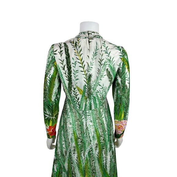 Vintage 70s Tropical Dress Womens XS Deep V Green Botanical Maxi Empire Bust - Picture 13 of 13